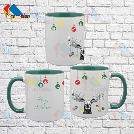 Puodelis su žalia ąsele ir vidumi MERRY CHRISTMAS (su briedžiu ir žaisliukais)